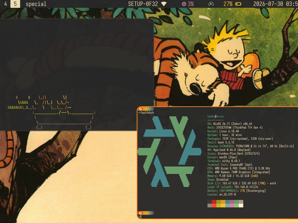Hyprland desktop running the config, with waybar and fastfetch