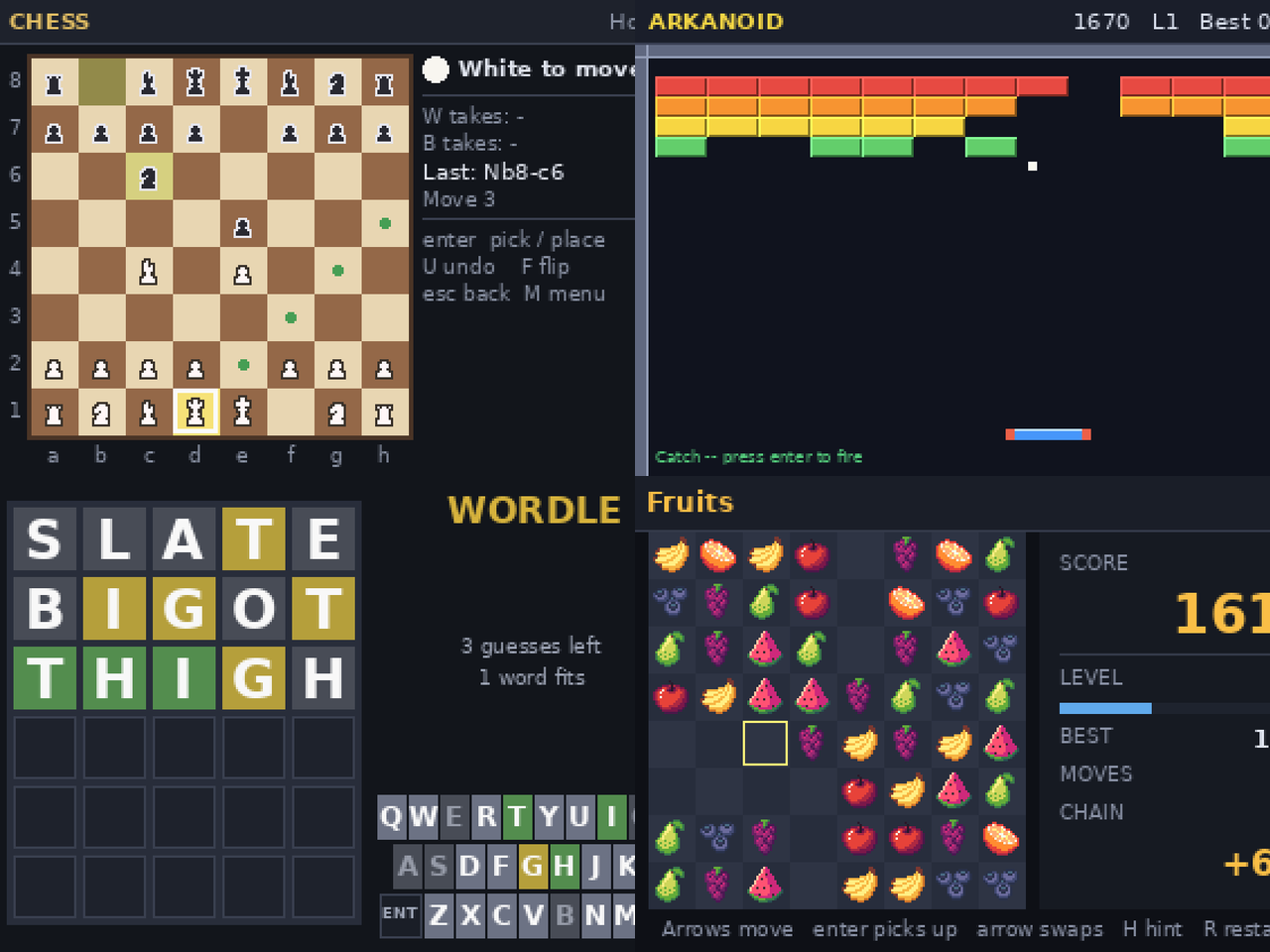 Four of the games: chess, arkanoid, wordle and fruits