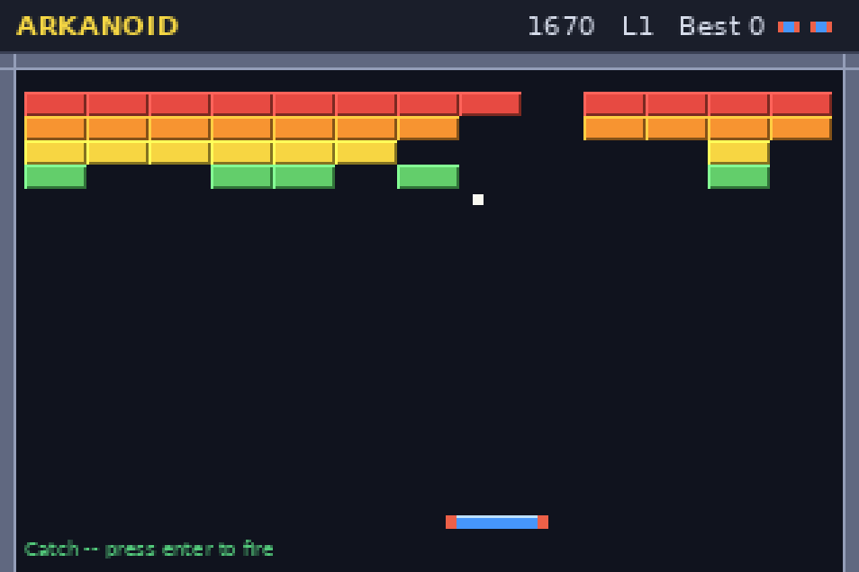 An Arkanoid wall part broken, the ball caught on the paddle