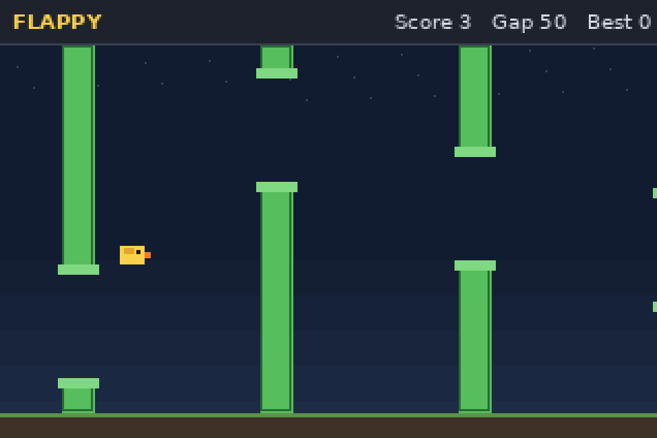 Flappy Bird with the bird lined up on a gap between pipes