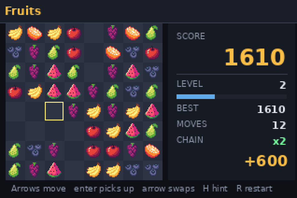 A match-three board mid-cascade as cleared fruit fall in
