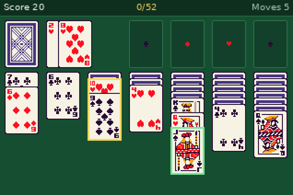 Klondike solitaire with a run picked up and legal piles marked
