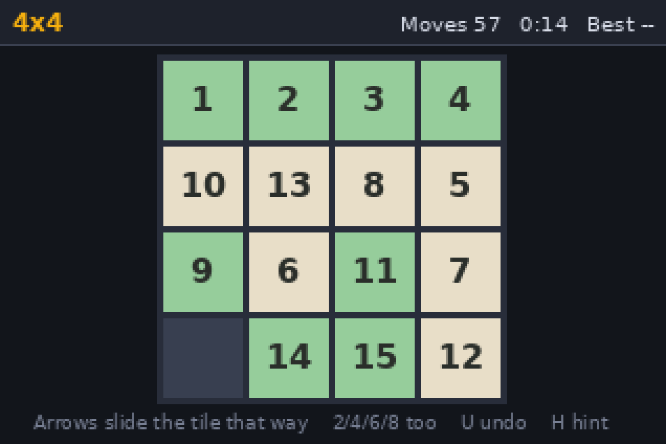 A sliding tile puzzle part way to being solved
