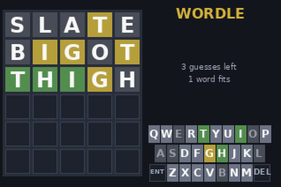 A Wordle grid with green and yellow letters from earlier guesses